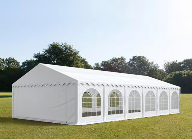 Professzionális rendezvénysátor, partisátor 6 × 12 m, 72 m², fehér PVC ponyvával, megerősített horganyzott acélszerkezettel, stabil padlókerettel és megerősített tetőszerkezettel