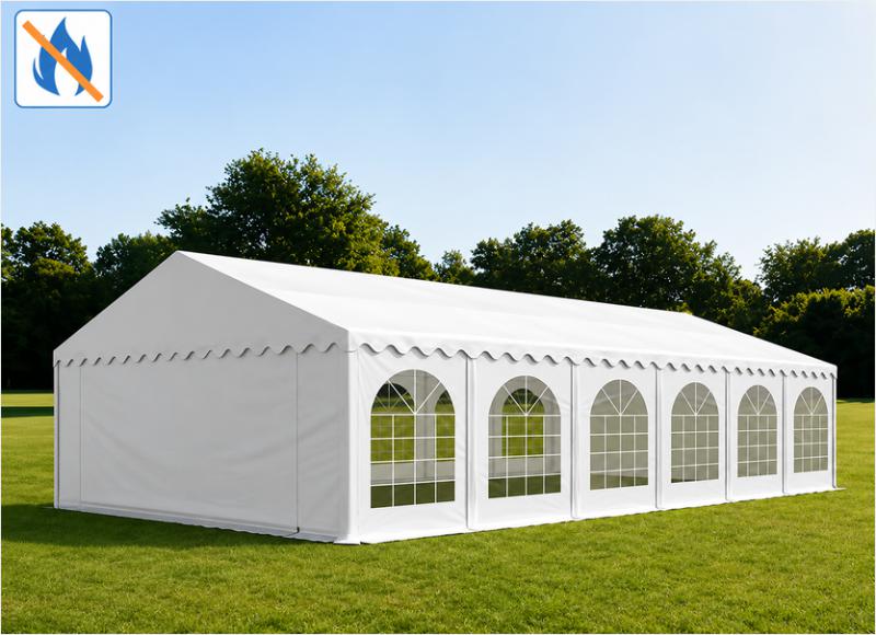 Professzionális rendezvénysátor, partisátor 6 × 12 m, 72 m², lángálló fehér PVC ponyvával, teljesen horganyzott megerősített acélszerkezettel, extra tetőmerevítéssel és stabil padlókerettel