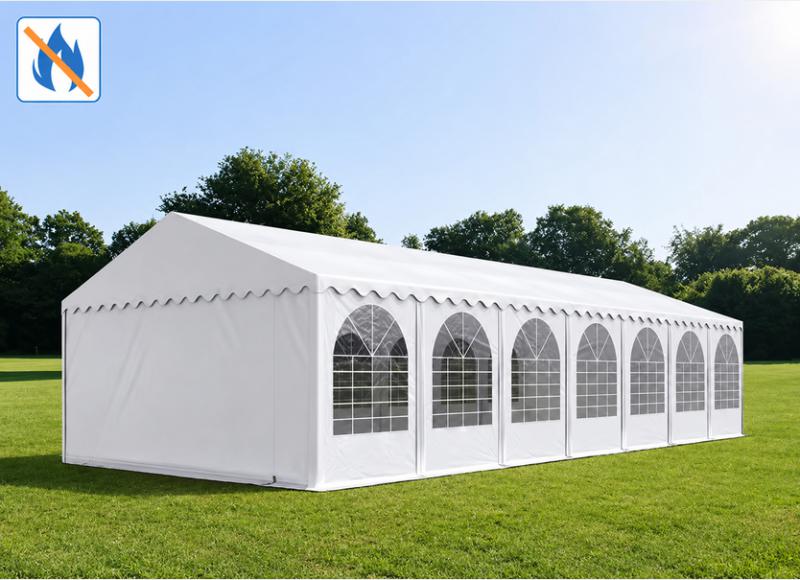 Professzionális rendezvénysátor, partisátor 6 × 14 m, 84 m², lángálló fehér PVC ponyvával, extra erős horganyzott acélszerkezettel,  megerősített tetővel és stabil padlókerettel