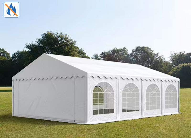 Professzionális rendezvénysátor, partisátor 6 × 8 m, 48 m², lángálló fehér PVC ponyvával, megerősített horganyzott acélszerkezettel és stabil padlókerettel