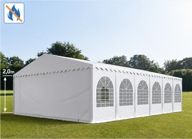 Professzionális rendezvénysátor, partisátor 8 × 12 m, 96 m², lángálló fehér PVC ponyvával, extra erős horganyzott acélszerkezettel, megerősített tetővel és stabil padlókerettel