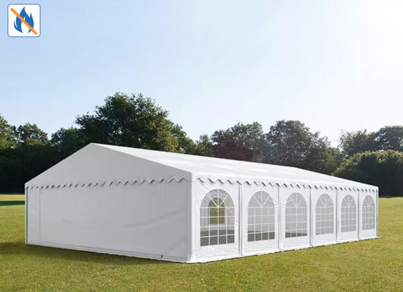 Professzionális rendezvénysátor, partisátor 8 × 12 m, 96 m², lángálló fehér PVC ponyvával, megerősített horganyzott acélszerkezettel és stabil padlókerettel