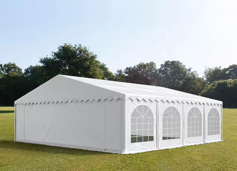 Professzionális rendezvénysátor, partisátor 8 × 8 m, 64 m², fehér PVC ponyvával, megerősített horganyzott acélszerkezettel és stabil padlókerettel