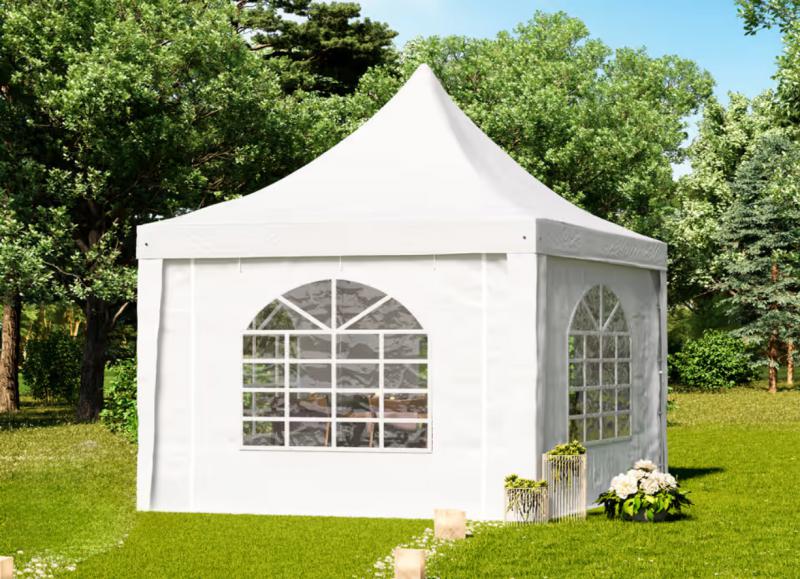 Professzionális rendezvénysátor, partisátor, pagoda sátor 3 × 3 m, 9 m², fehér PVC ponyvával, horganyzott acélvázzal és gyors, szerszám nélküli összeszereléssel