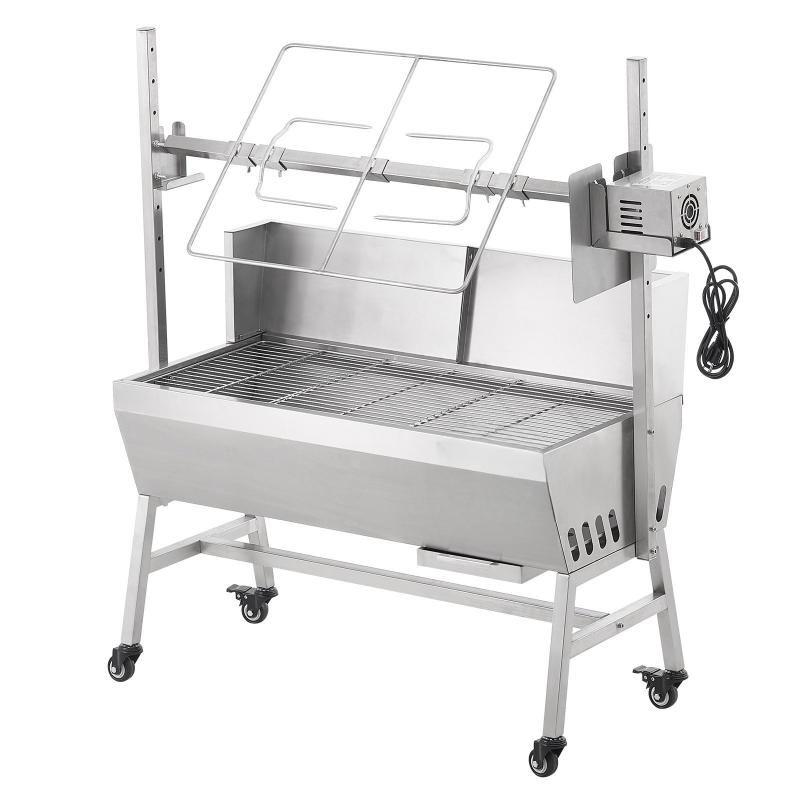 Professzionális rozsdamentes acél grillsütő készlet – 42 W-os motorral, 4 ford./perc sebességgel, 40 kg terhelhetőséggel, 1110×417×1080 mm méretben.