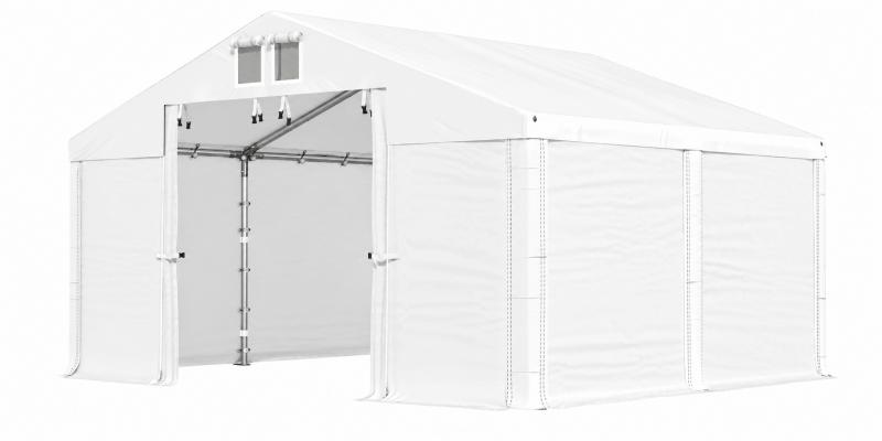 Professzionális tárolósátor 4 × 4 m – 16 m², PVC fehér  ponyvával, két magas bejárattal és horganyzott acélszerkezettel