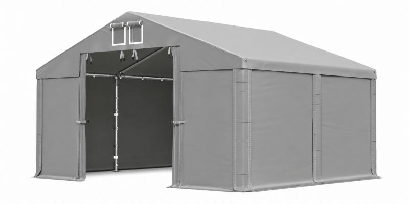 Professzionális tárolósátor 4 × 4 m – 16 m², PVC szürke ponyvával, két magas bejárattal és horganyzott acélszerkezettel