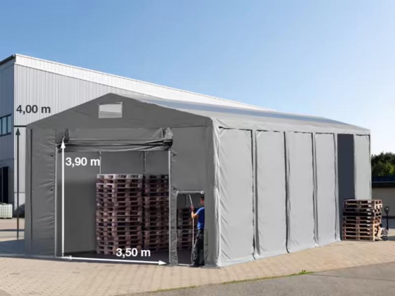 Professzionális tárolósátor, raktársátor ipari sátor 8 × 12 m, 96 m² alapterülettel, 4,00 m oldalmagassággal, felhúzható kapuval, tetőablakkal, személyi bejárattal és szürke PVC ponyvával