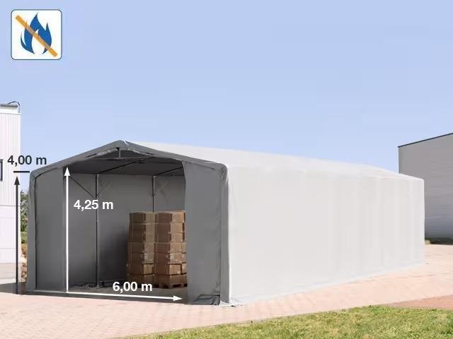Professzionális tűzálló raktársátor 8x16m oldalmagasság 4,00m  standard ajtó, PVC 720g/m2 szürke