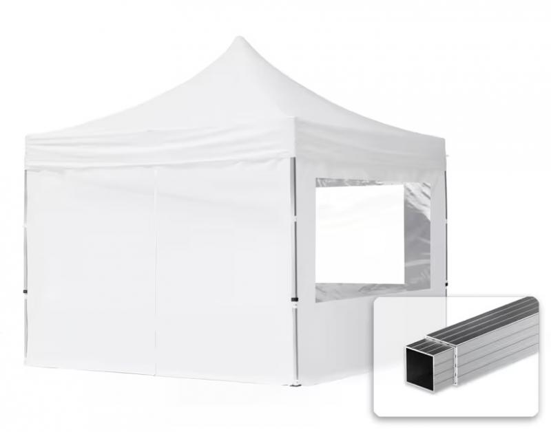 PROFI alumínium pop-up összecsukható pavilon és rendezvénysátor 3 × 3 m, 9 m², 4 db panorámaablakos oldalfallal, vízálló PVC ponyvával, 32 mm-es alumíniumvázzal, ollómechanikával