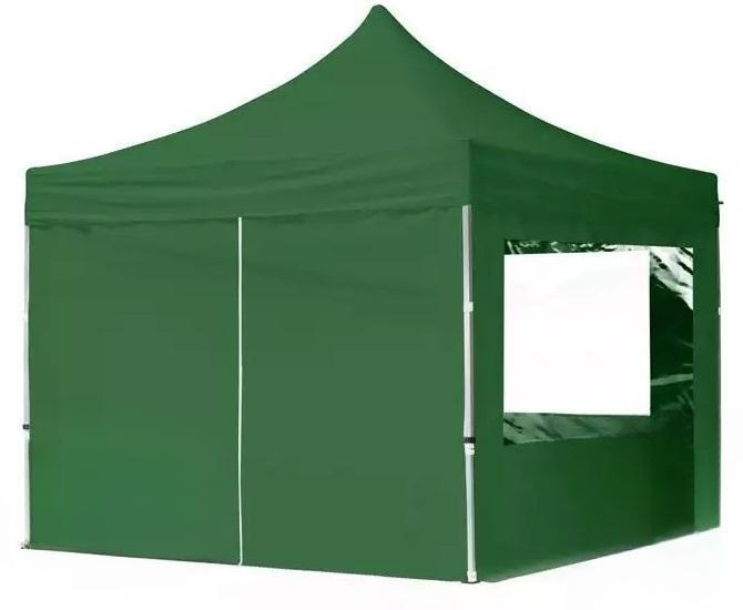 PROFI alumínium pop-up összecsukható pavilon és rendezvénysátor 3 × 3 m, 9 m², zöld, vízálló PVC ponyvával, 4 db oldalfallal, 32 mm-es alumíniumvázzal, ollómechanikával és állítható magassággal