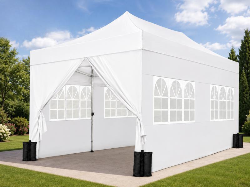 PROFI alumínium pop-up összecsukható pavilon és rendezvénysátor 3 × 6 m, 18 m², fehér, extra erős Oxford ponyvával, 6 db oldalfallal, állítható alumíniumvázzal, 4 db homokzsákkal hordozótáskával