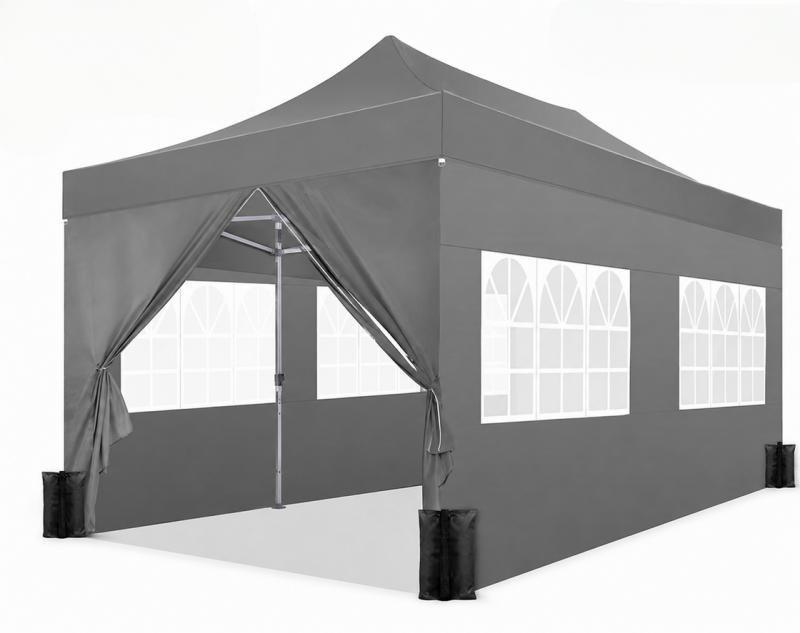PROFI alumínium pop-up összecsukható pavilon és rendezvénysátor 3 × 6 m, 18 m², szürke, extra erős Oxford ponyvával, 6 db oldalfallal,  állítható alumíniumvázzal, 4 db homokzsákkal, hordozótáskával