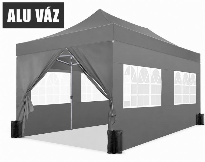 PROFI Alumínium Pop-up összecsukható pavilon rendezvénysátor 3x6m ponyva  extra erős 500D Oxford szövet szürke + Tartozék homokzsák