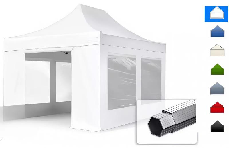 PROFI ALUMÍNIUM  Pop-up összecsukható pavilon, rendezvénysátor ollómechanikával, panorámaablakkal 3x4,5 m ponyva PVC 4db oldalfallal