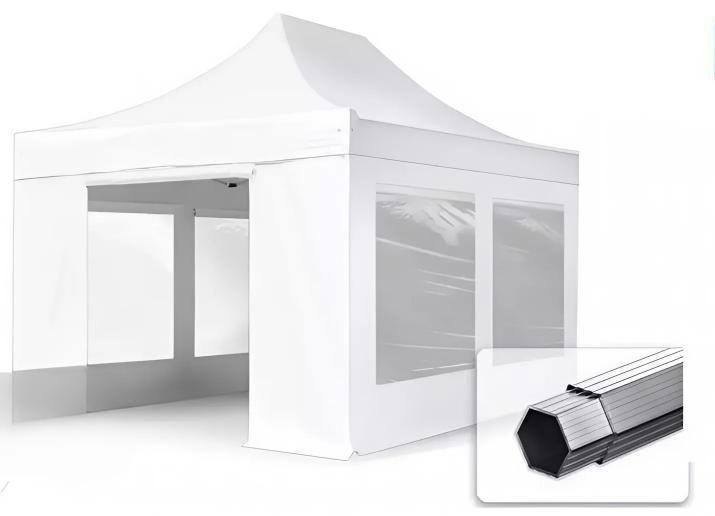 PROFI ALUMÍNIUM  Pop-up összecsukható pavilon, rendezvénysátor ollómechanikával, panorámaablakkal 3x4,5 m ponyva PVC 4db oldalfallal