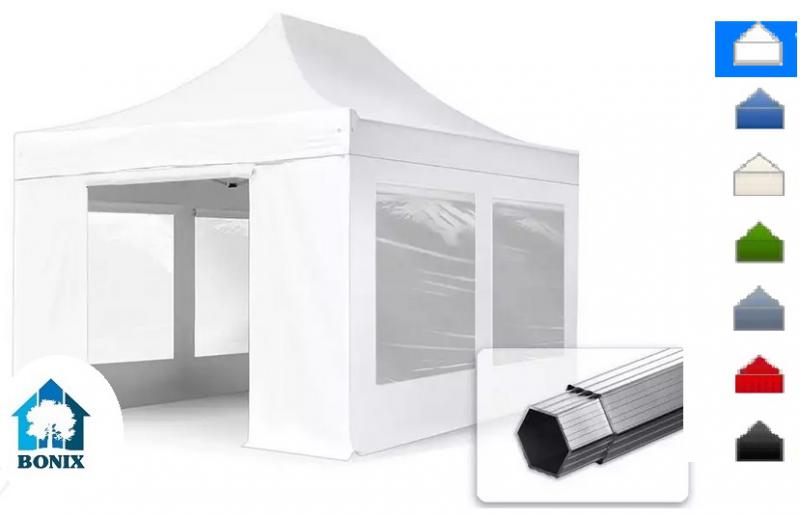 PROFI ALUMÍNIUM  Pop-up összecsukható pavilon, rendezvénysátor ollómechanikával, panorámaablakkal 3x4,5 m ponyva PVC 800  4db oldalfallal