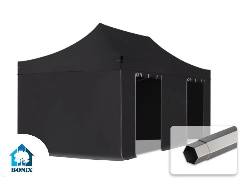 PROFI pop-up összecsukható pavilon  3 × 6 m, 18 m², fekete vízálló PVC ponyvával, 4 db ablak nélküli oldalfallal, 40 mm-es porfestett acélvázzal, ollómechanikával és 5 fokozatban állítható magassággal