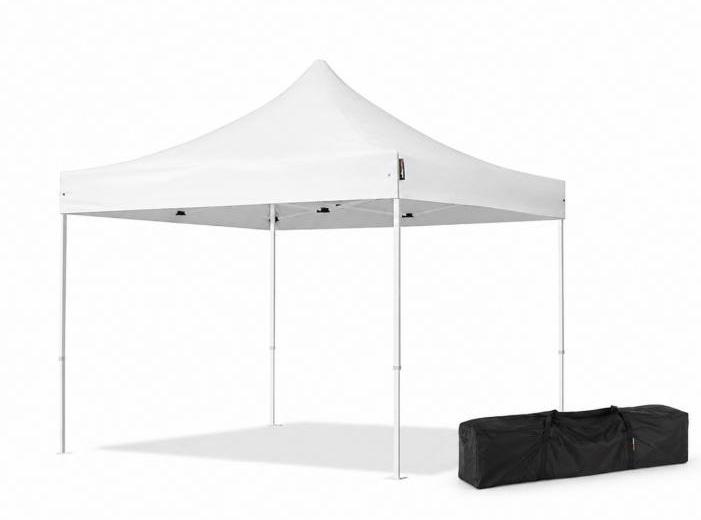 PROFI pop-up összecsukható pavilon, és piaci sátor 3 × 3 m, 9 m², fehér, vízálló PVC tetőponyvával, oldalfalak nélkül, 30 × 30 mm-es porfestett acélvázzal, ollómechanikával  állítható magassággal