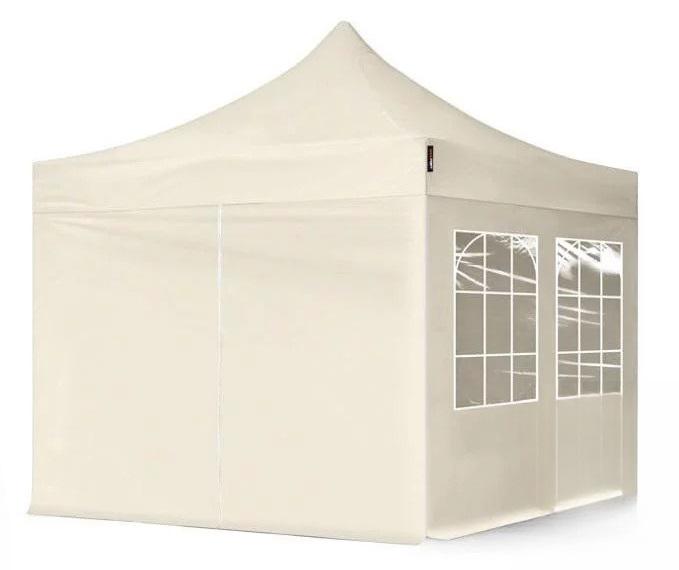 PROFI pop-up összecsukható pavilon és rendezvénysátor 3 × 3 m, 9 m², krémszínű, vízálló PVC ponyvával, 4 db oldalfallal, 30 × 30 mm-es porfestett acélvázzal, ollómechanikával, állítható magassággal
