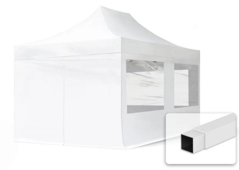 PROFI pop-up összecsukható pavilon és rendezvénysátor 3 × 4,5 m, 13,5 m², 100%-ban vízálló PVC-bevonatú ponyvával, 4 db oldalfallal, 30 × 30 mm-es porfestett acélvázzal