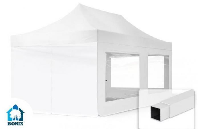 PROFI pop-up összecsukható pavilon és rendezvénysátor 3 × 6 m, 18 m², fehér PVC bevonatú ponyvával és oldalfalakkal, 30 × 30 mm-es korrózióvédett acélvázzal, 3 fokozatban állítható magassággal