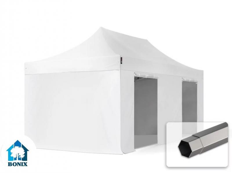 PROFI pop-up összecsukható pavilon és rendezvénysátor 3 × 6 m, 18 m², fehér vízálló PVCponyvával, 4 db ablak nélküli oldalfallal, 40 mm-es porfestett acélvázzal, ollómechanikával állítható magassággal