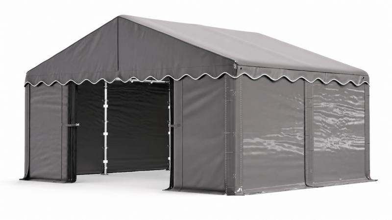 Raktársátor, tárolósátor, 3 × 4 m – 12 m², 240 g/m² PE szürke ponyvával, Ø 38 mm-es horganyzott acélcsövekkel, Ø 42 mm-es csatlakozókkal és két függöny típusú bejárattal