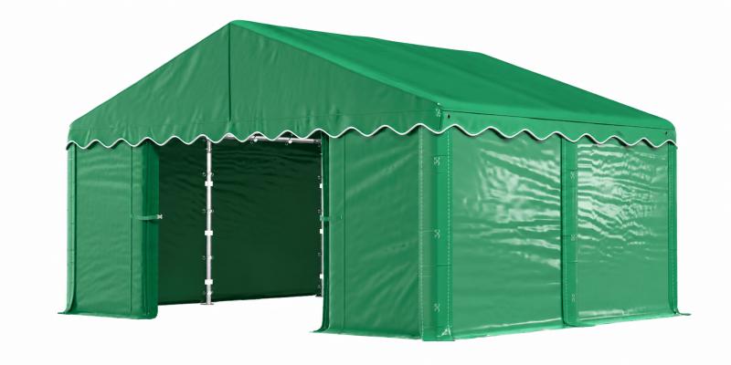 Raktársátor, tárolósátor, 3 × 4 m – 12 m², 240 g/m² PE  zöld ponyvával, Ø 38 mm-es horganyzott acélcsövekkel, Ø 42 mm-es csatlakozókkal és két függöny típusú bejárattal