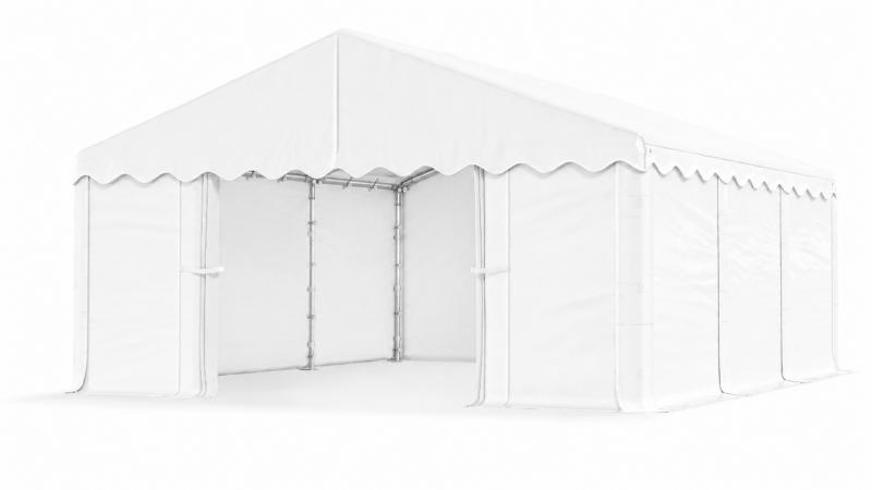 Raktársátor, tárolósátor 3 × 6 m – 18 m², 240 g/m² PE fehér ponyvával, Ø 38 mm-es horganyzott acélcsövekkel, Ø 42 mm-es csatlakozókkal és két függöny típusú bejárattal