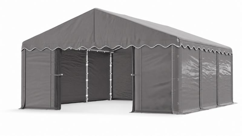 Raktársátor, tárolósátor 3 × 6 m – 18 m², 240 g/m² PE szürke ponyvával, Ø 38 mm-es horganyzott acélcsövekkel, Ø 42 mm-es csatlakozókkal és két függöny típusú bejárattal