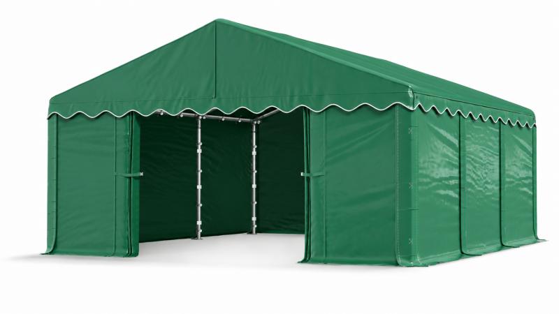 Raktársátor, tárolósátor 3 × 6 m – 18 m², 240 g/m² PE zöld ponyvával, Ø 38 mm-es horganyzott acélcsövekkel, Ø 42 mm-es csatlakozókkal és két függöny típusú bejárattal