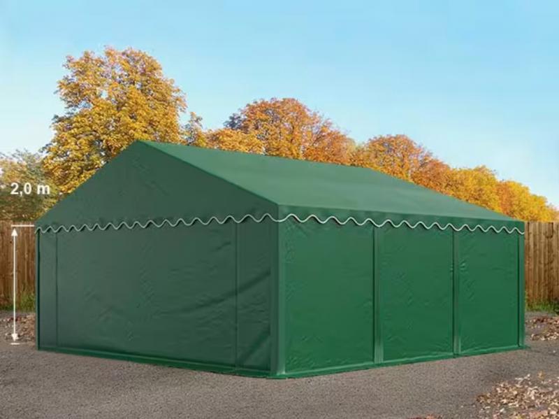 Raktársátor, tárolósátor 5 × 6 m – 30 m², zöld PVC ponyvával, padlókerettel és megerősített horganyzott acélszerkezettel