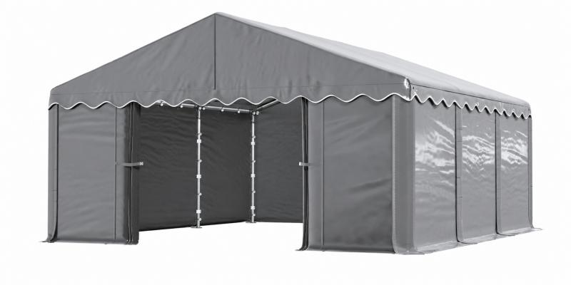 Raktársátor, tárolósátor 6 × 6 m – 36 m², PE  szürke ponyvával, horganyzott acélvázzal és két függönyrendszerű bejárattal