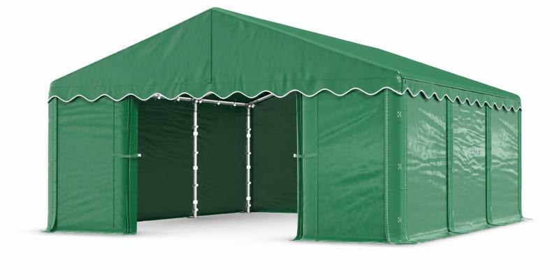 Raktársátor, tárolósátor 6 × 6 m – 36 m², PE zöld ponyvával, horganyzott acélvázzal és két függönyrendszerű bejárattal