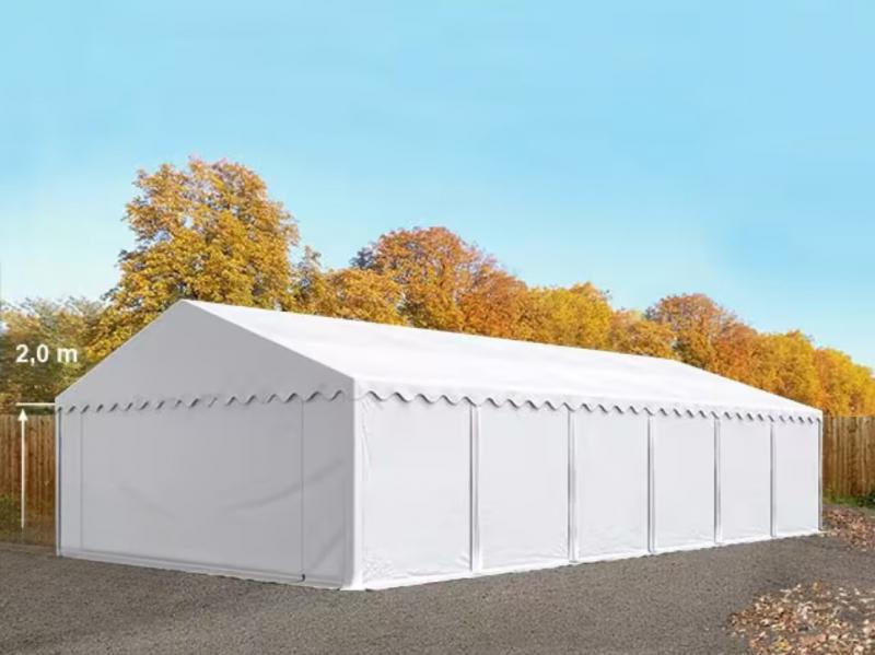 Raktársátor, tárolósátor és ipari sátor 6 × 12 m, 72 m², fehér, PVC ponyvával, Ø 38 mm-es horganyzott acélvázzal,  két bejárattal