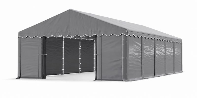 Raktársátor, tárolósátor, ipari sátor 6 × 10 m – 60 m², PE  szürke ponyvával, horganyzott acélvázzal, 2 bejárattal
