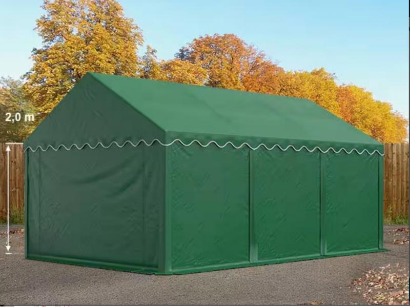Raktársátor, tárolósátor, műhelysátor 3 × 6 m – 18 m², sötétzöld PVC ponyvával, padlókerettel és extra megerősített horganyzott acélszerkezettel