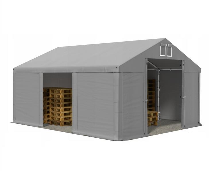 Raktársátor, tárolósátor, műhelysátor 4 × 6 m – 24 m², szürke 560 g/m² PVC ponyvával és megerősített horganyzott acélvázzal