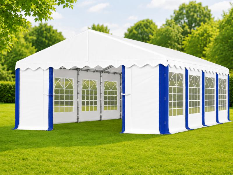 Rendezvénysátor 4 × 8 m – 32 m², 240 g/m² fehér-kék PE ponyvával és horganyzott acélvázzal