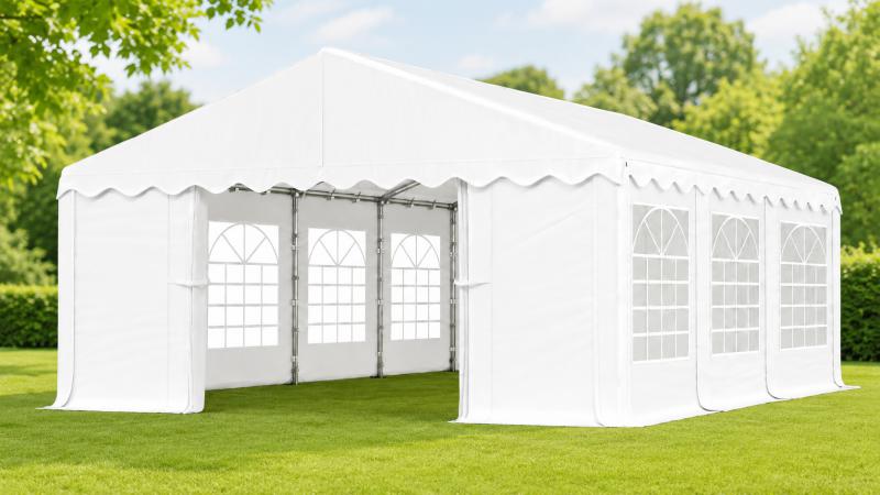 Rendezvénysátor 4 × 8 m – 32 m², 240 g/m² fehér PE ponyvával és horganyzott acélvázzal