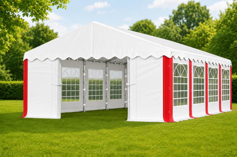 Rendezvénysátor 4 × 8 m – 32 m², 240 g/m² fehér-piros csíkos PE ponyvával és horganyzott acélvázzal