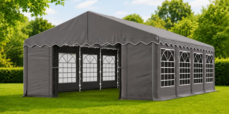 Rendezvénysátor 4 × 8 m – 32 m², 240 g/m² szürke PE ponyvával és horganyzott acélvázzal