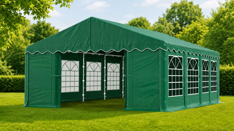 Rendezvénysátor 4 × 8 m – 32 m², 240 g/m² zöld PE ponyvával és horganyzott acélvázzal