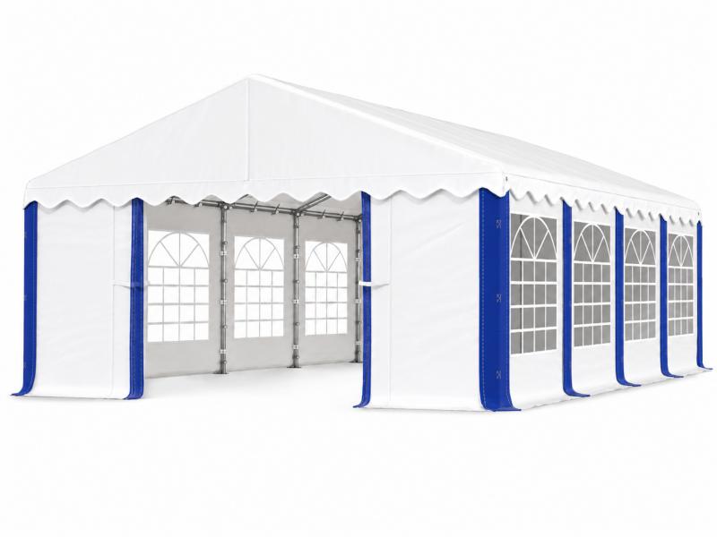 Rendezvénysátor 4 × 8 m – 32 m² alapterület, PE fehér-kék ponyvával és horganyzott acélvázzal