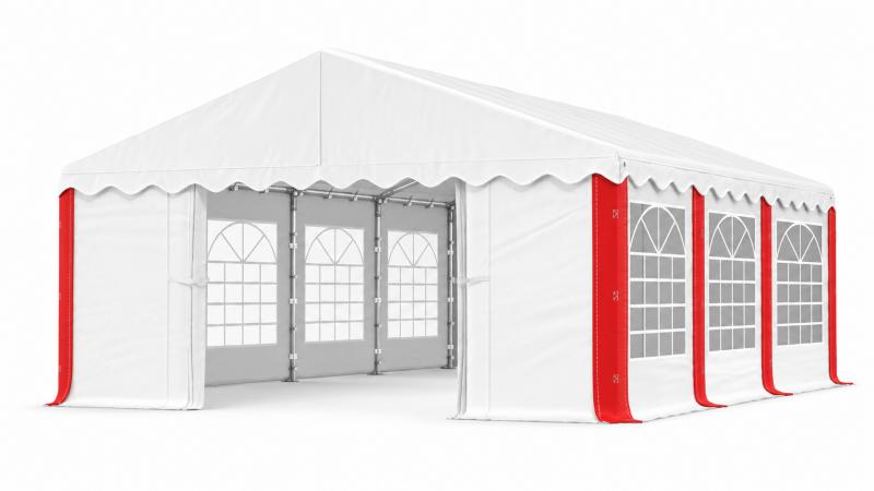 Rendezvénysátor 4 × 8 m – 32 m² alapterület, PE fehér piros csíkos ponyvával és horganyzott acélvázzal