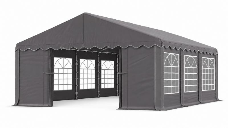 Rendezvénysátor 4 × 8 m – 32 m² alapterület, PE szürke ponyvával és horganyzott acélvázzal