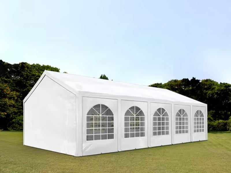 Rendezvénysátor és parti sátor 4 × 10 m – 40 m², fehér, 100%-ban vízálló  PE ponyvával, stabil horganyzott acélvázzal