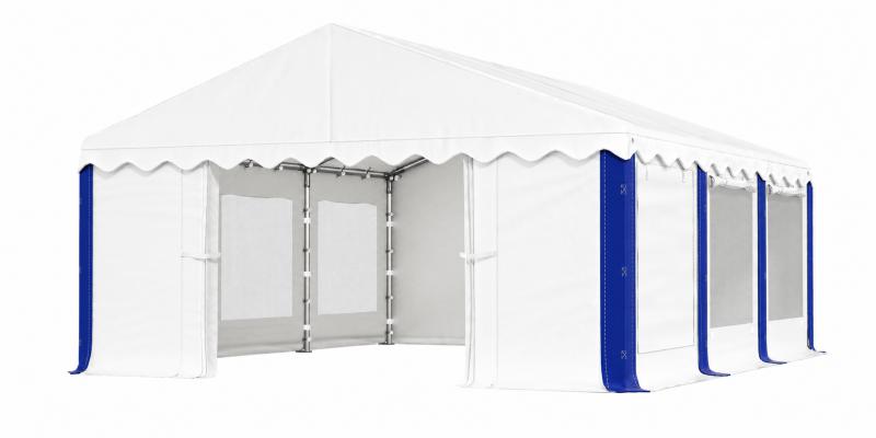 Rendezvénysátor, partisátor 4 × 6 m – 24 m², fehér-kék csíkos , vízálló PE ponyvával, szúnyoghálós, lezárható ablakokkal és teljesen horganyzott, megerősített acélszerkezettel