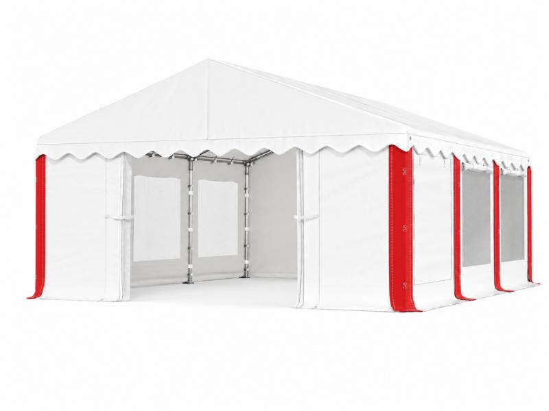 Rendezvénysátor, partisátor 4 × 6 m – 24 m², fehér-piros csíkos , vízálló PE ponyvával, szúnyoghálós, lezárható ablakokkal,  horganyzott, megerősített acélszerkezettel